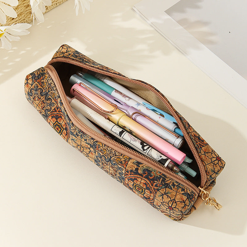 Retro Patterned Leather Large Capacity Pencil Case