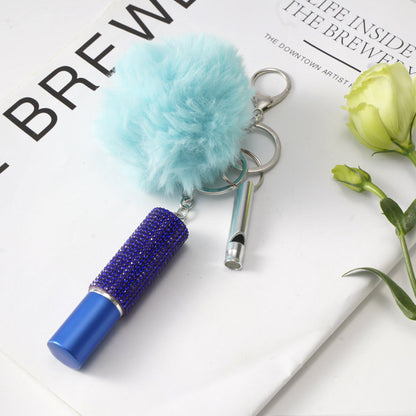 Fur Ball Rhinestone Perfume Bottle Whistle Combination Keychain