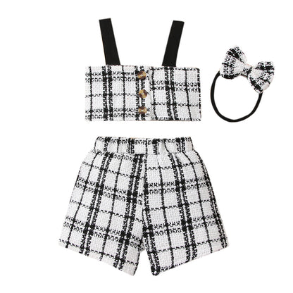 Suspender small fragrant wind Plaid Shorts baby three piece set
