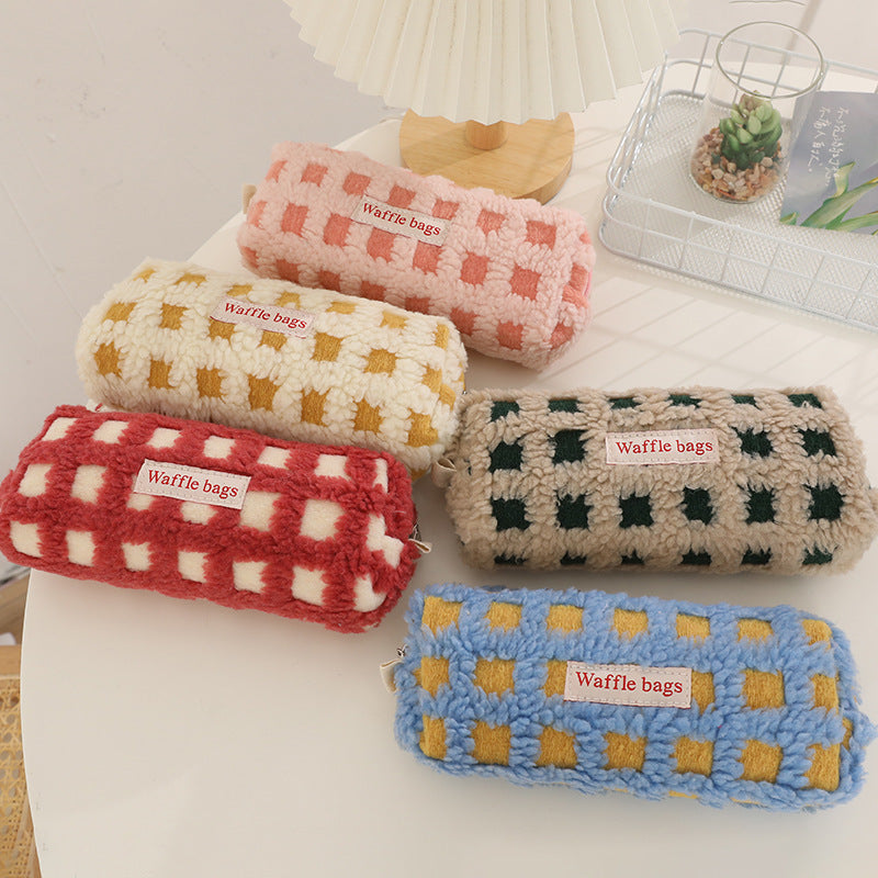Waffle Lamb Plush Checkerboard Pencil Case