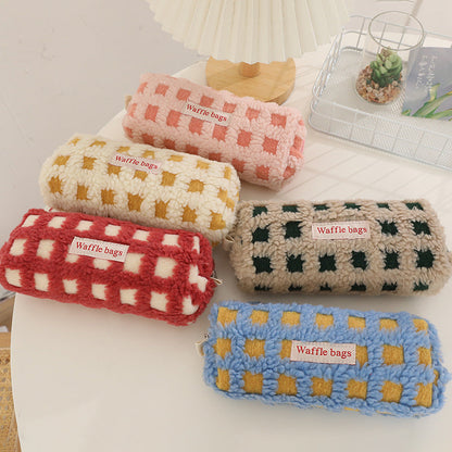 Waffle Lamb Plush Checkerboard Pencil Case