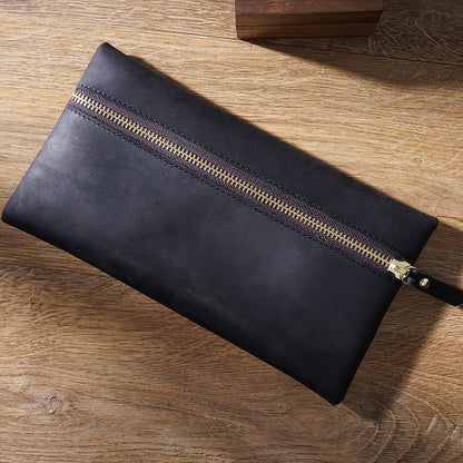 Cowhide Large -capacity Zipper Simple Portable Pen Bag