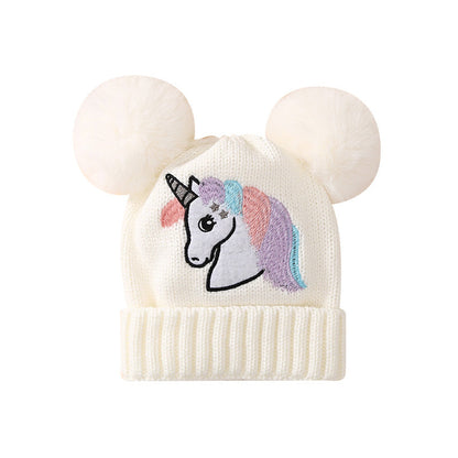 Children's Winter Knitted Hat Unicorn Double Ball Woolen Hat