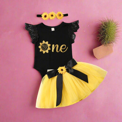 Baby Little Black Bow Gauze Dress Three-piece set