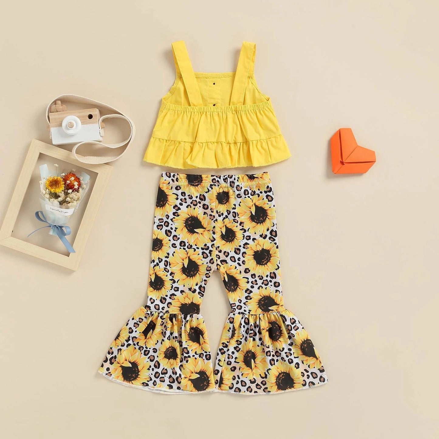Cotton Children's Camisole Flower Flared Pants Suit