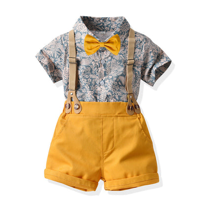 Children's Cotton Short Sleeved Printed Shirts and Suspenders