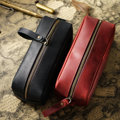 Header Cowhide Square Retro Mad Horse Leather Zipper Pens