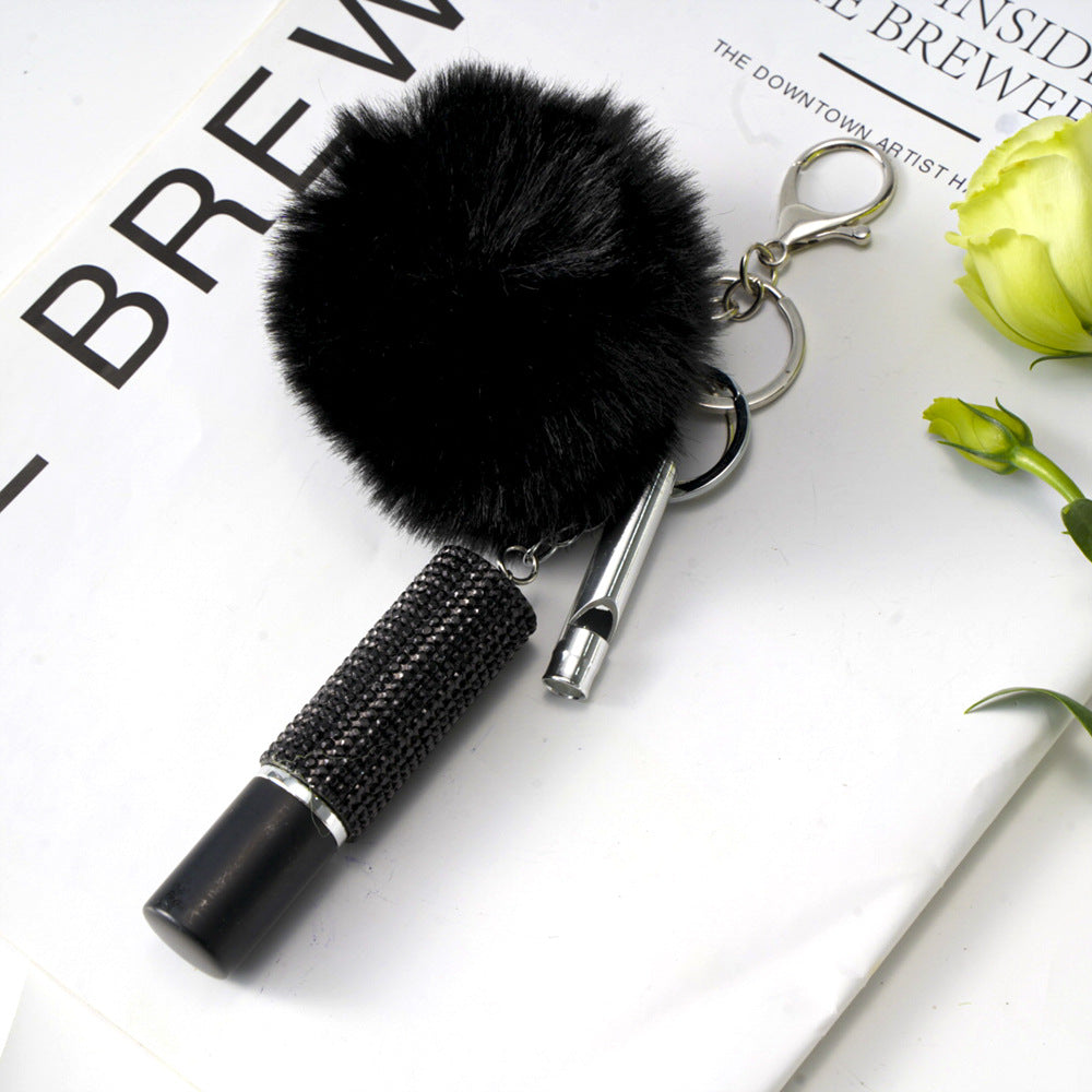 Fur Ball Rhinestone Perfume Bottle Whistle Combination Keychain