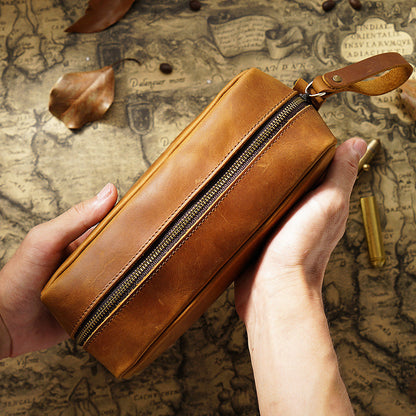 Header Cowhide Square Retro Mad Horse Leather Zipper Pens