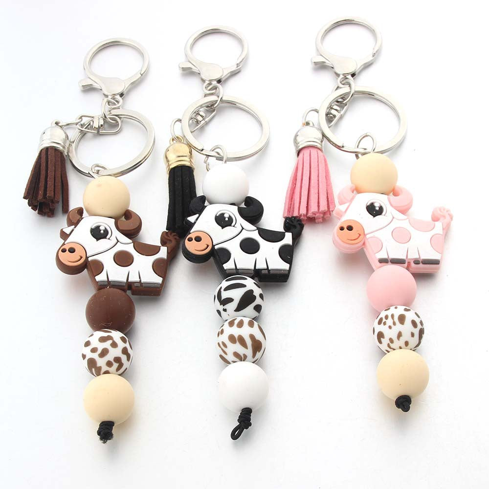 Cartoon Cow Silicone Beaded Keychain Cute Keychain