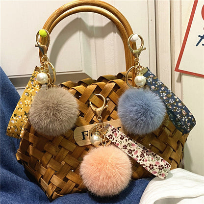 Plush Floral Ribbon Pom Keychain