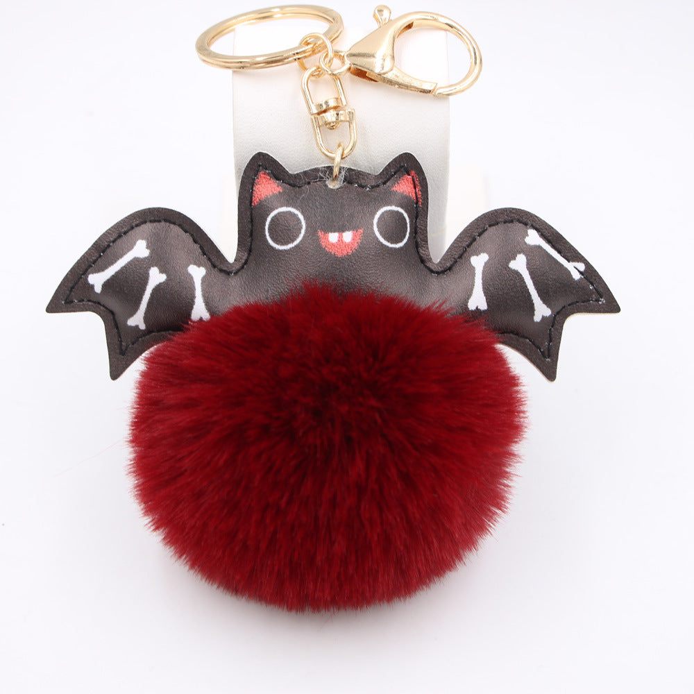 Halloween PU Leather Bat Fur Ball Keychain