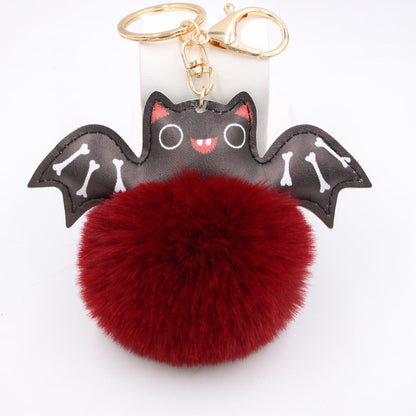 Halloween PU Leather Bat Fur Ball Keychain