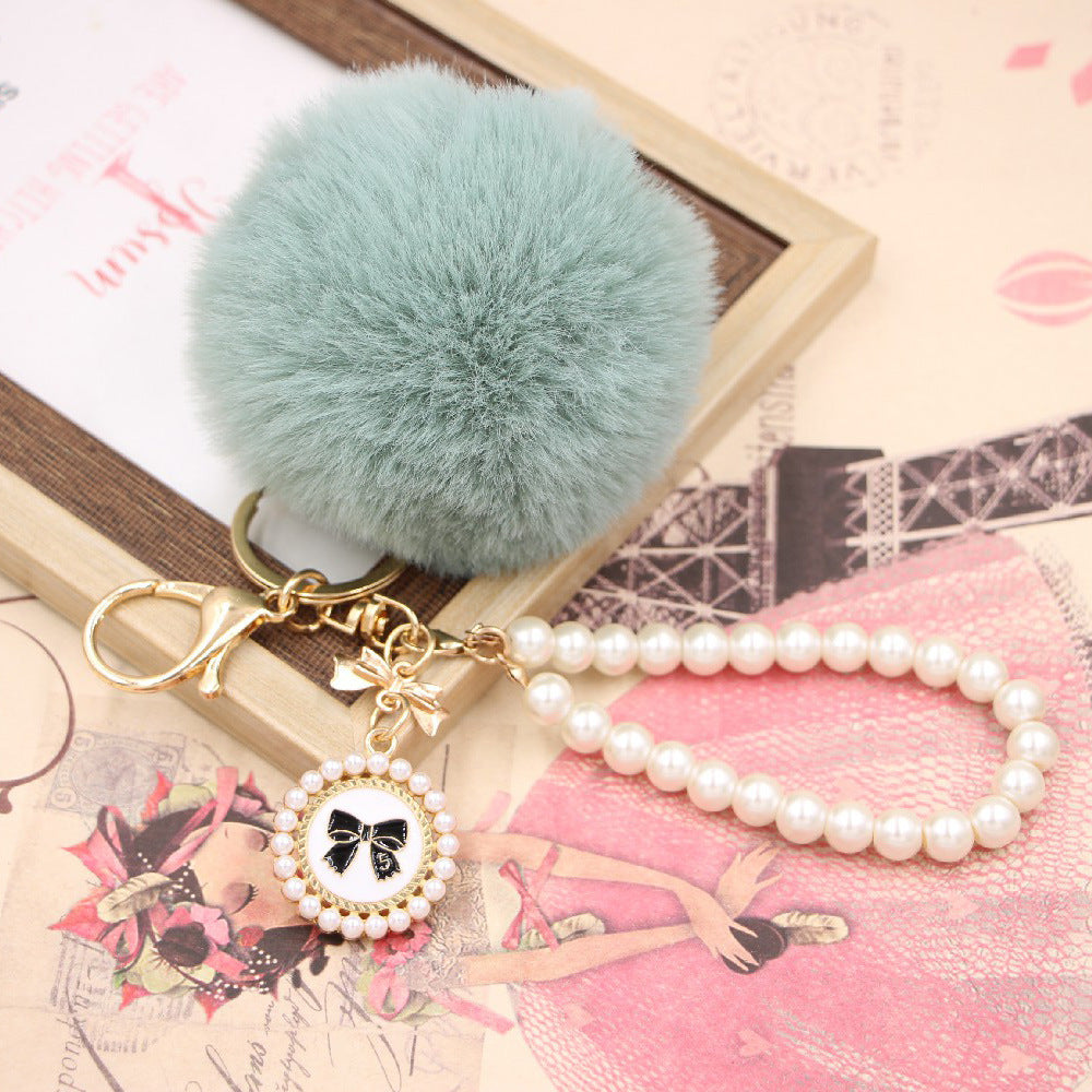 Imitation Rex Rabbit Fur Ball Pearl Chain Bow