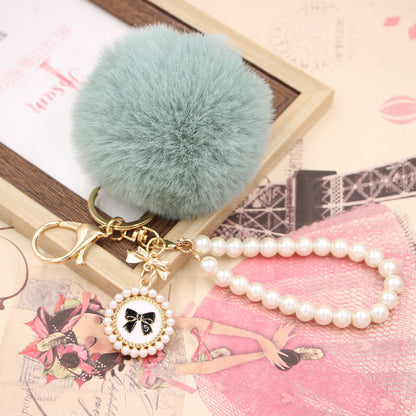 Imitation Rex Rabbit Fur Ball Pearl Chain Bow