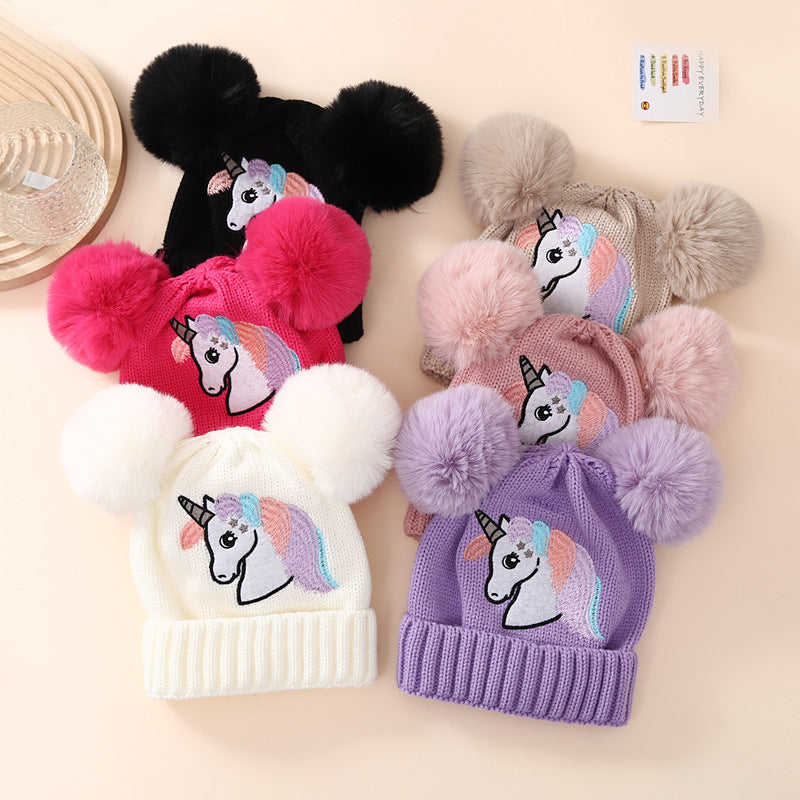 Children's Winter Knitted Hat Unicorn Double Ball Woolen Hat