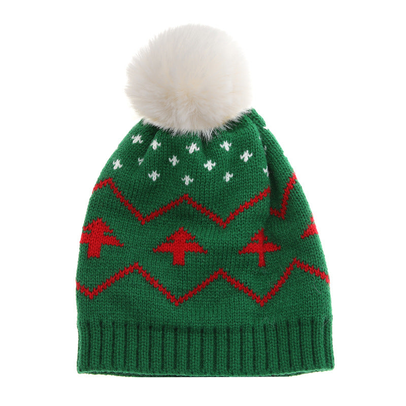 Wholesale Children's Warm Hat Fur Ball Christmas Tree Jacquard Knitted Hat