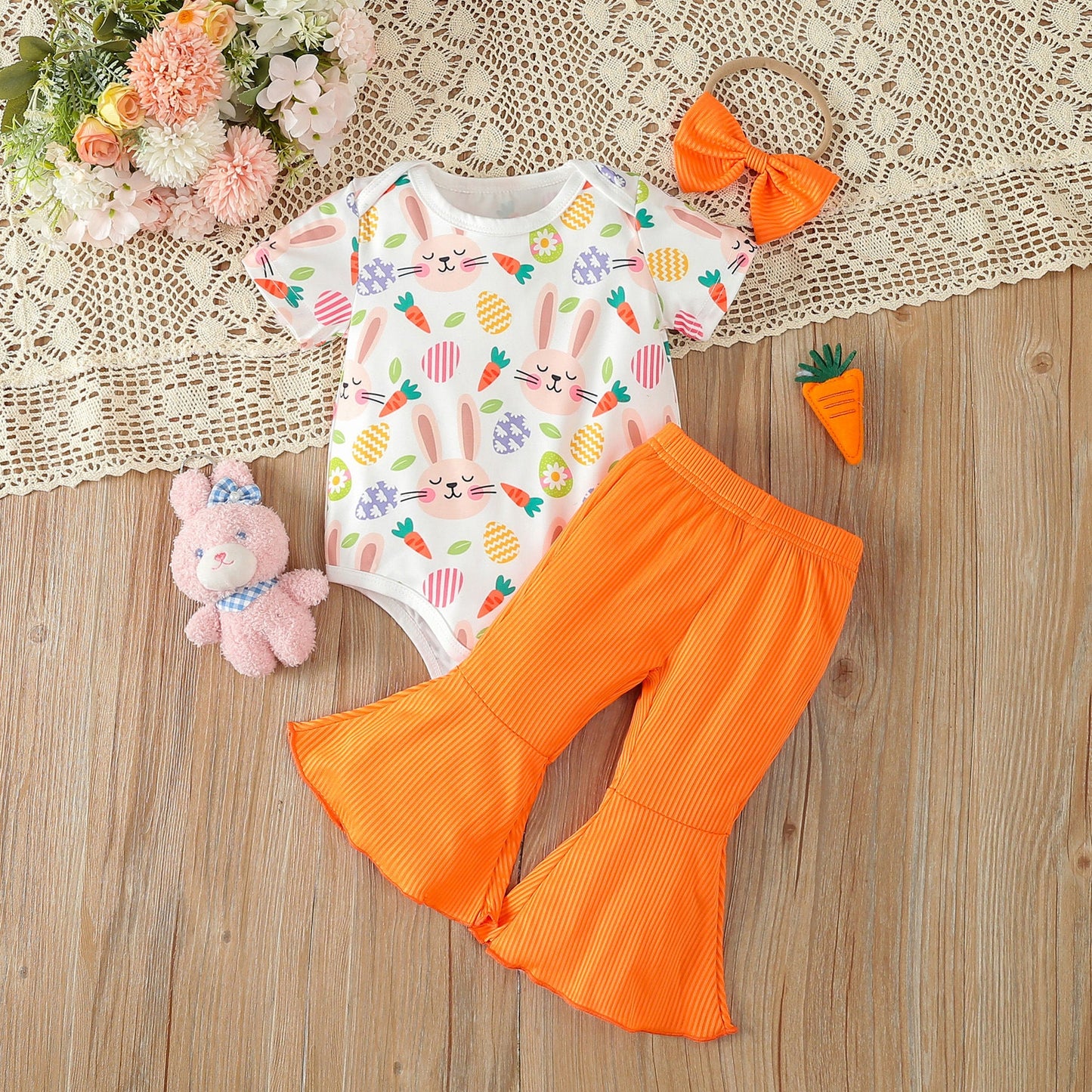 Easter Cotton Bunny Trousers and Hair Tie Three-piece Set