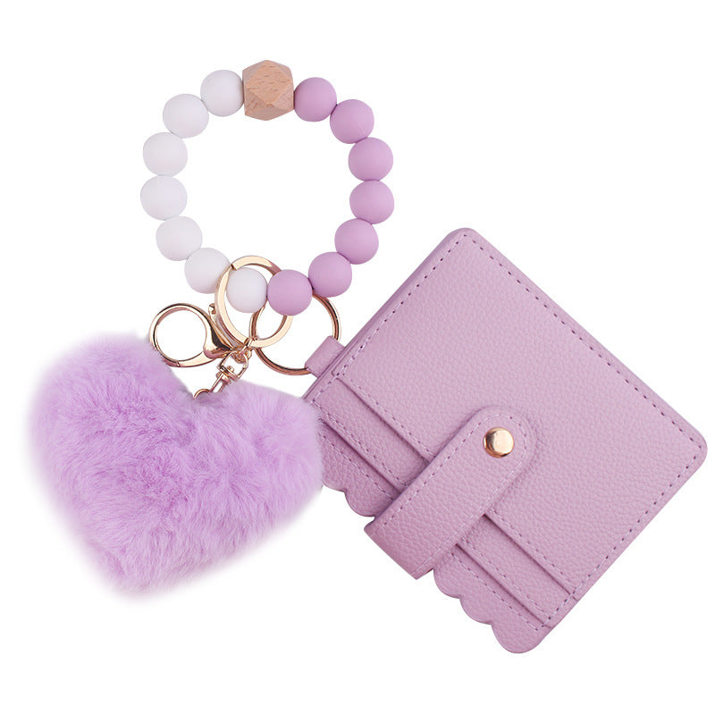 Heart Shape Fur Ball Card Holder Silicone Beaded