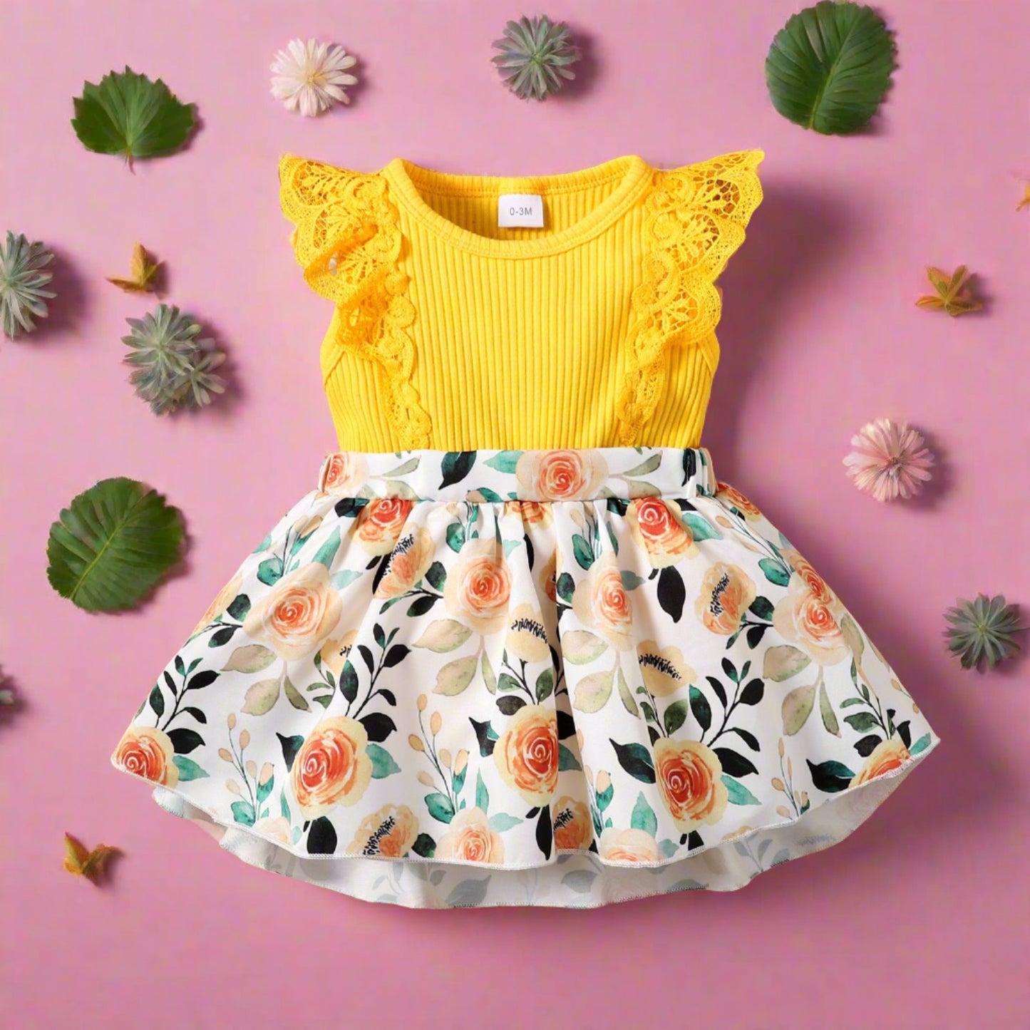 Lace Trim Polyester Floral Dress Baby Clothes
