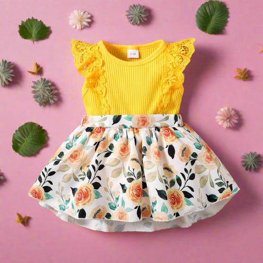 Lace Trim Polyester Floral Dress Baby Clothes