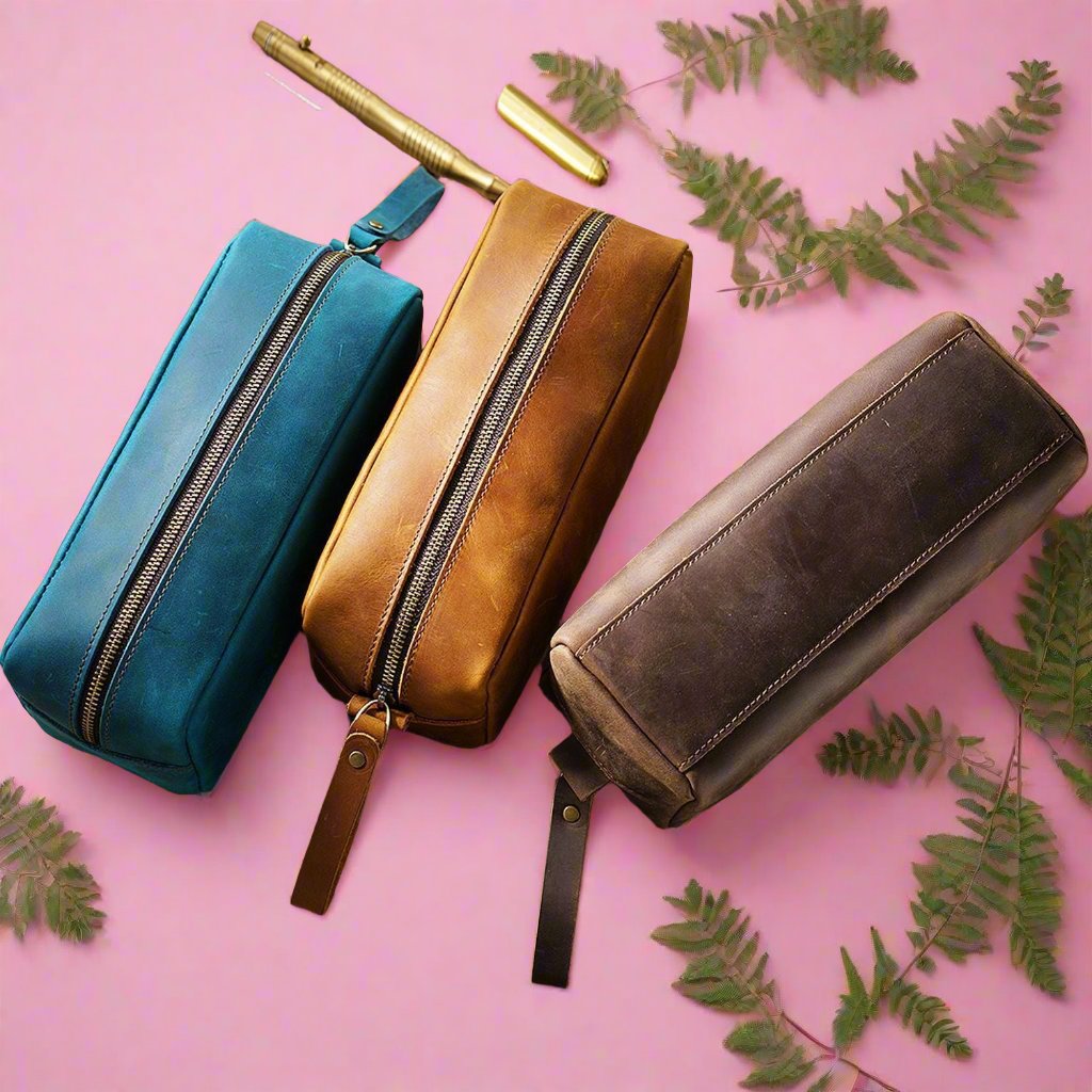 Header Cowhide Square Retro Mad Horse Leather Zipper Pens