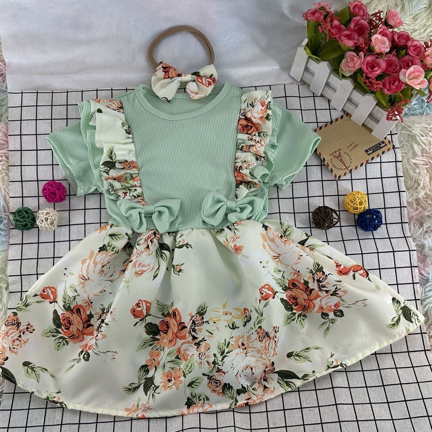 Cotton Jumpsuit with Floral Buns and Baby Crawling Clothes