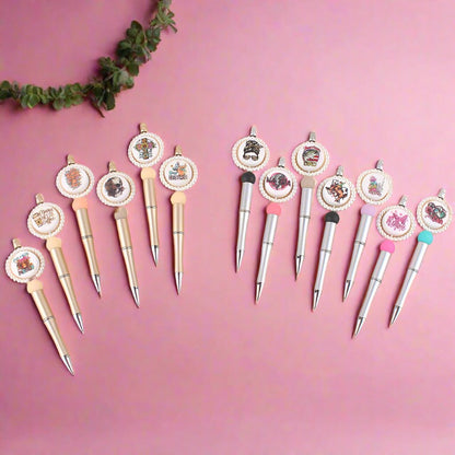 Cartoon Round Print Beaded Gold Silver Plastic Ballpoint
