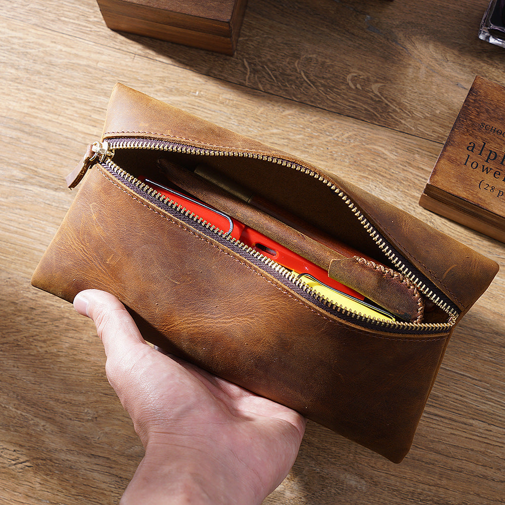 Cowhide Large -capacity Zipper Simple Portable Pen Bag