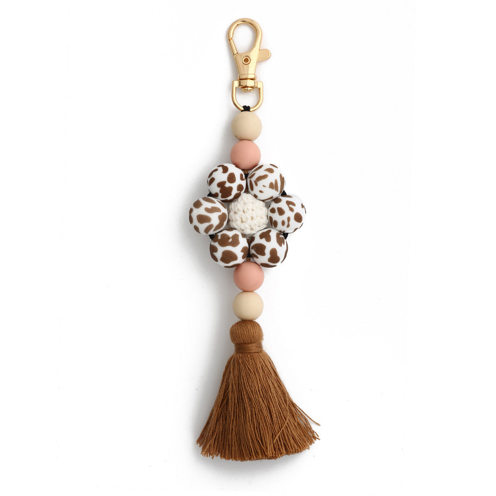 Leopard Print Sunflower Silicone Beaded Tassel Keychain
