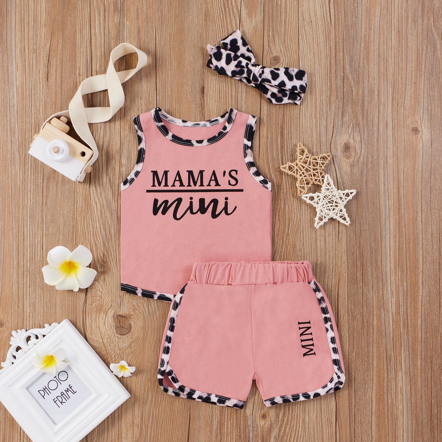 Leopard Cotton Vest Shorts Hair Accessories 3-Piece Set Clothes
