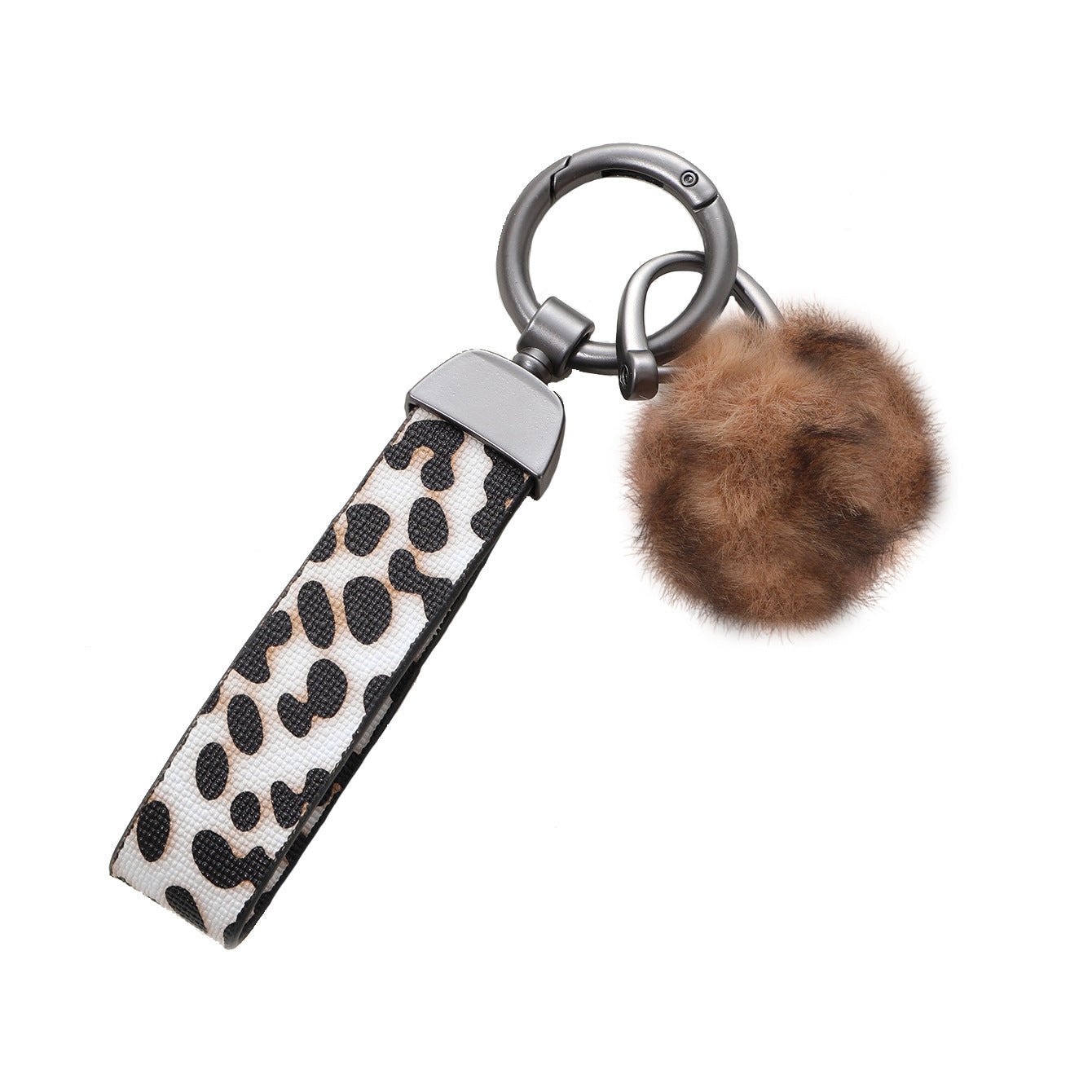 Leopard Print Fur Ball Leather Keychain