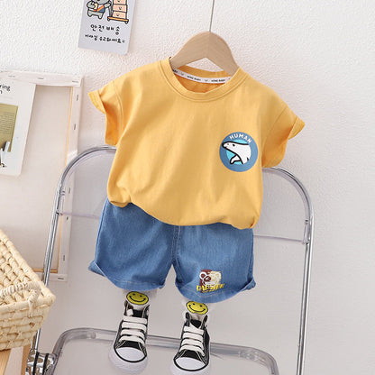 Boys' Minimalist Short Sleeved Shorts Cotton Two-piece Set