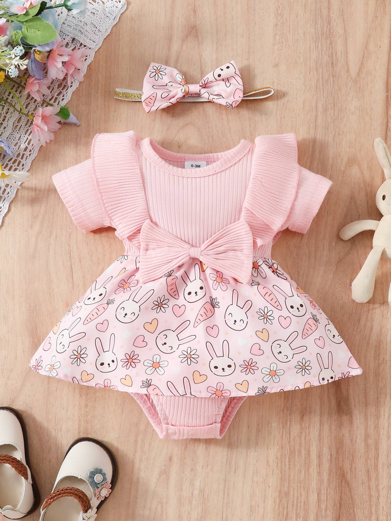 Easter Cotton Baby One Piece Rabbit Ripple Bow Dress