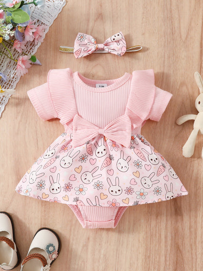 Easter Cotton Baby One Piece Rabbit Ripple Bow Dress