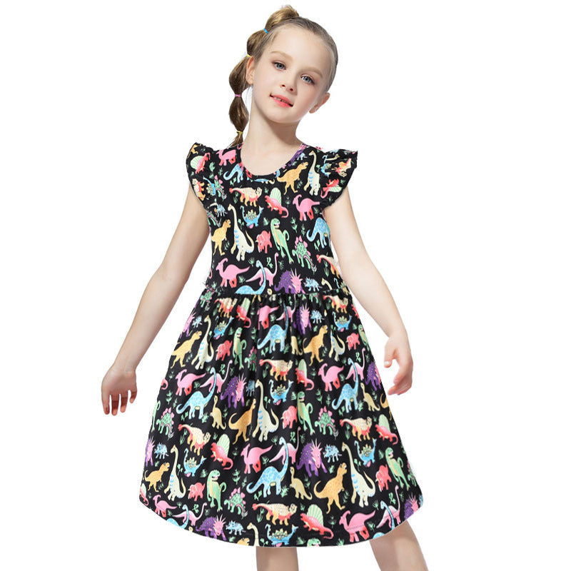 Girls Colorful Dinosaur Cotton Princess Dress Baby Clothes