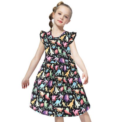 Girls Colorful Dinosaur Cotton Princess Dress Baby Clothes