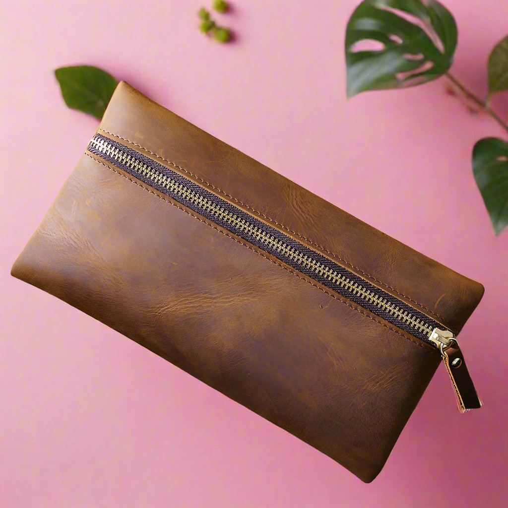 Cowhide Large -capacity Zipper Simple Portable Pen Bag