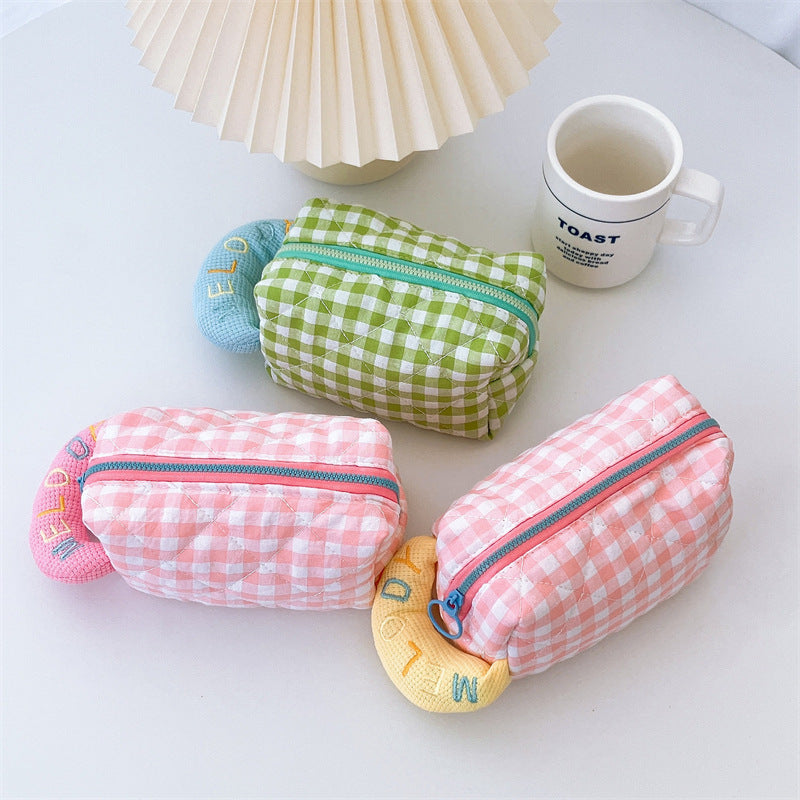 Plaid Cotton Embroidered Pencil Case