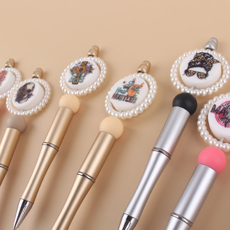 Cartoon Round Print Beaded Gold Silver Plastic Ballpoint