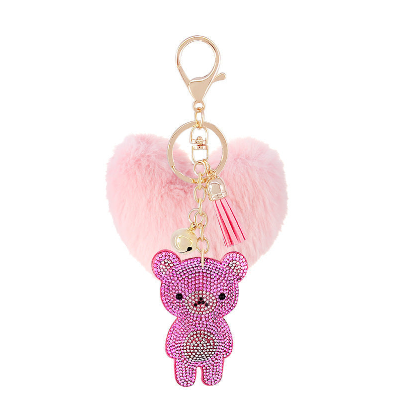 Diamond Velvet Peach Heart Fur Ball Bear Key