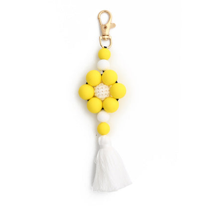 Leopard Print Sunflower Silicone Beaded Tassel Keychain