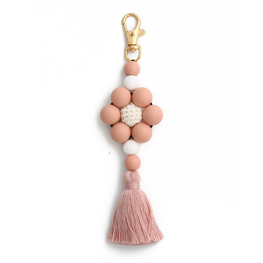 Leopard Print Sunflower Silicone Beaded Tassel Keychain