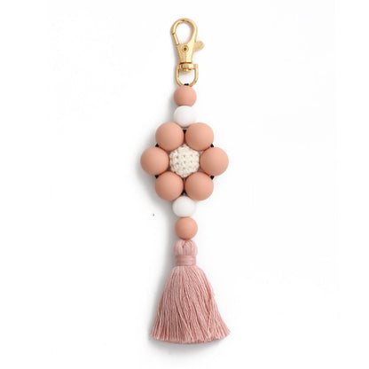 Leopard Print Sunflower Silicone Beaded Tassel Keychain
