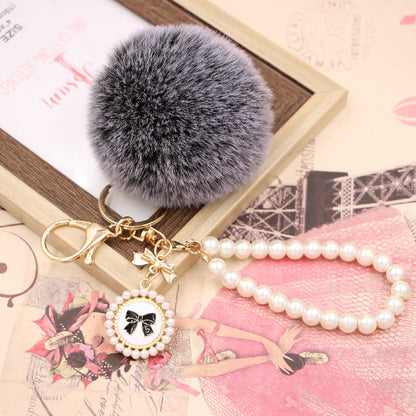 Imitation Rex Rabbit Fur Ball Pearl Chain Bow