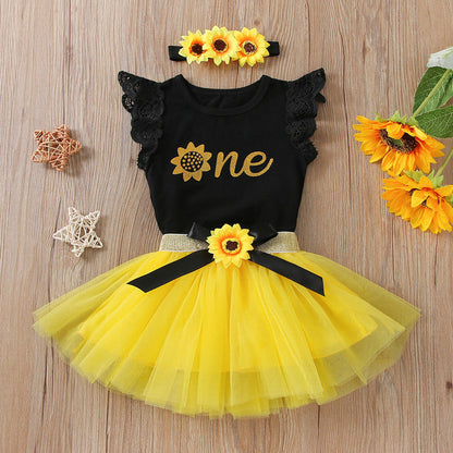 Baby Little Black Bow Gauze Dress Three-piece set