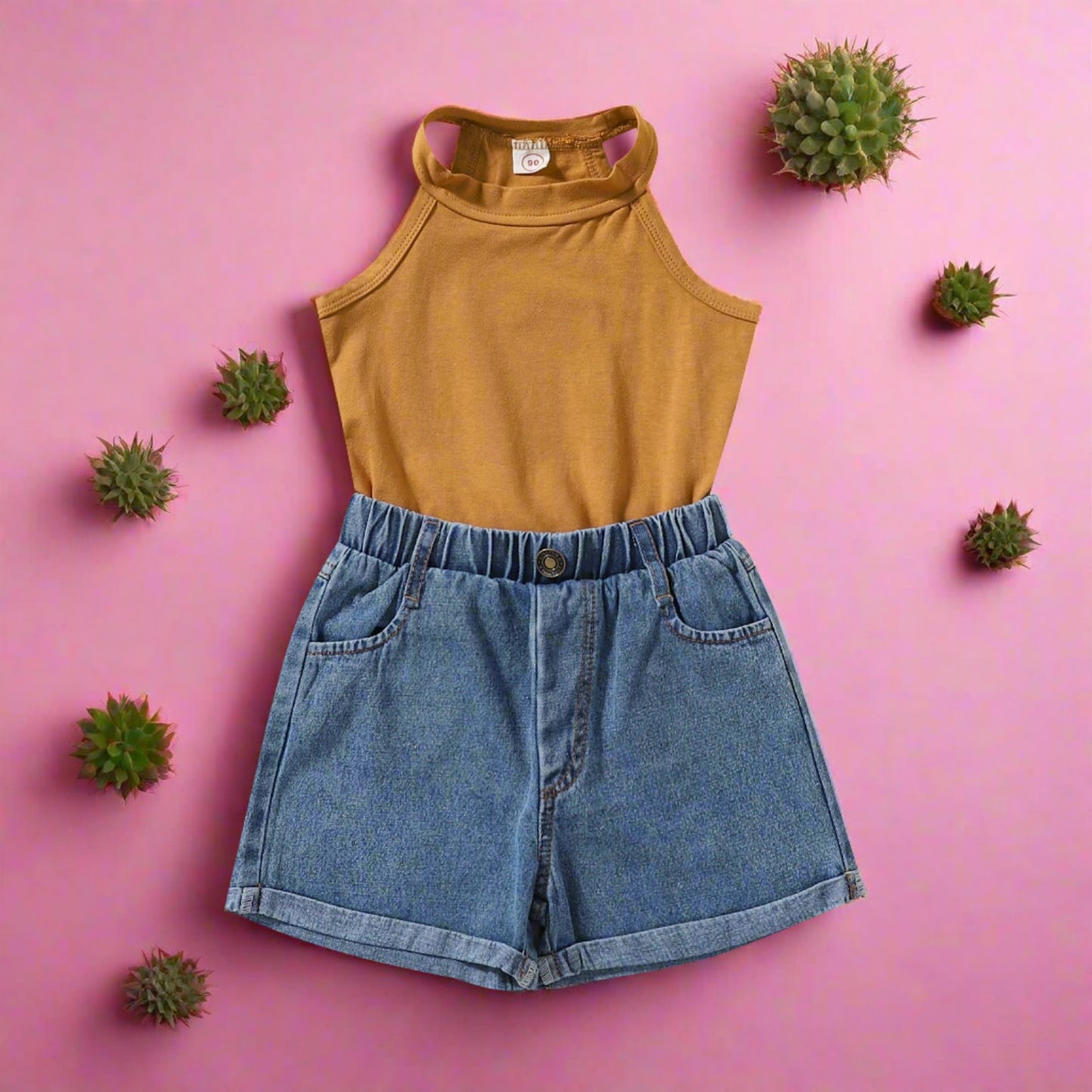 Short Solid Color Vest + Jeans Set Cotton Baby Clothes
