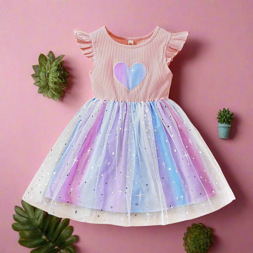 Children's Summer Colorful Love Five-pointed Star Mesh Dress