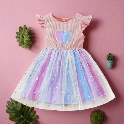 Children's Summer Colorful Love Five-pointed Star Mesh Dress