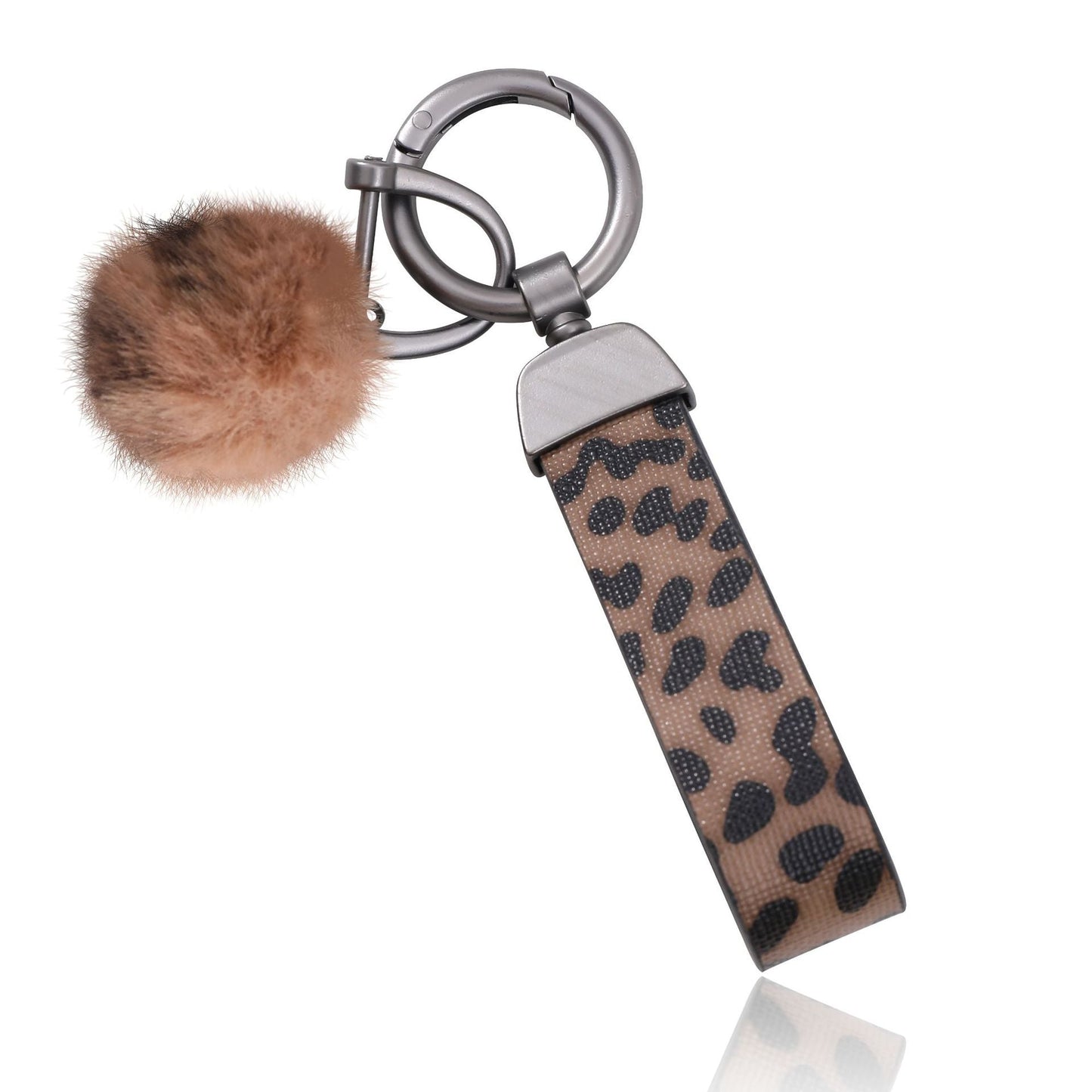 Leopard Print Fur Ball Leather Keychain